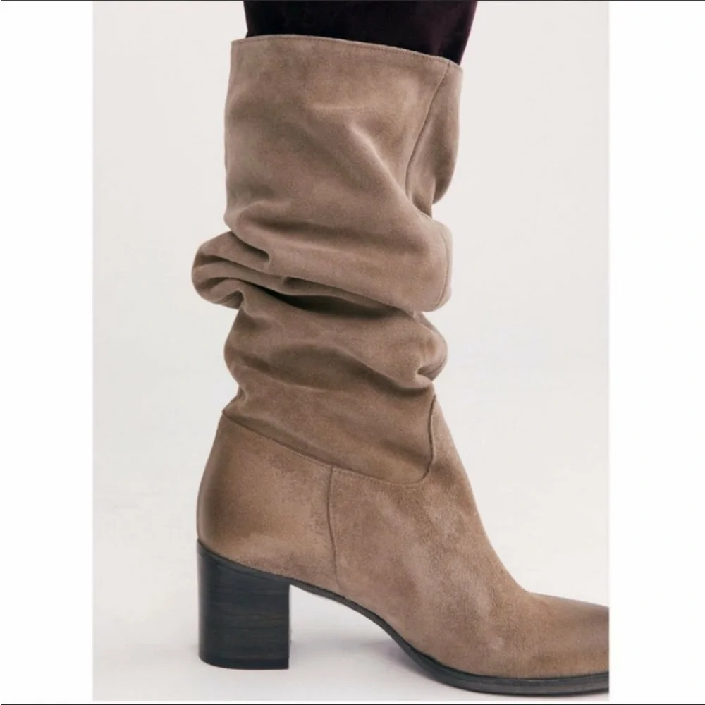 Free People Boots Cleo Slouch Suede Knee High Heeled Leather Grey NIB US 8 EU 38 - Picture 3 of 15